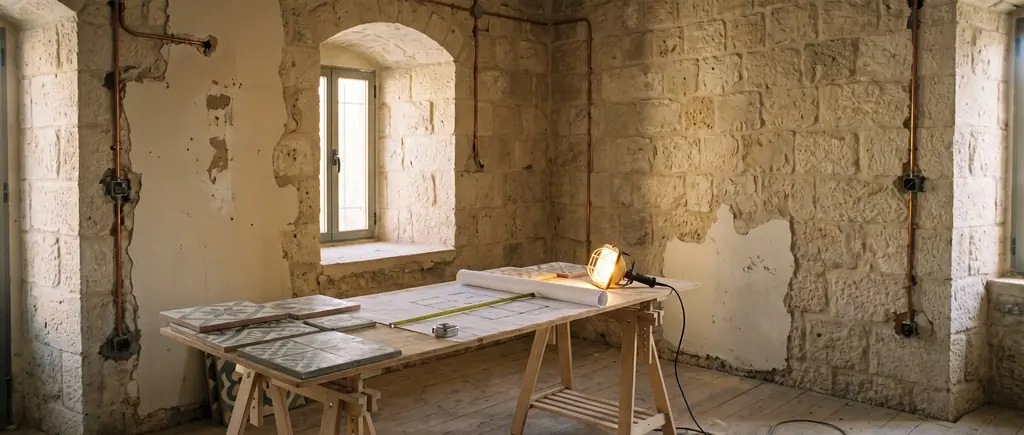 A stone-walled room halfway through a renovation, with tile samples and a floor plan on a trestle table