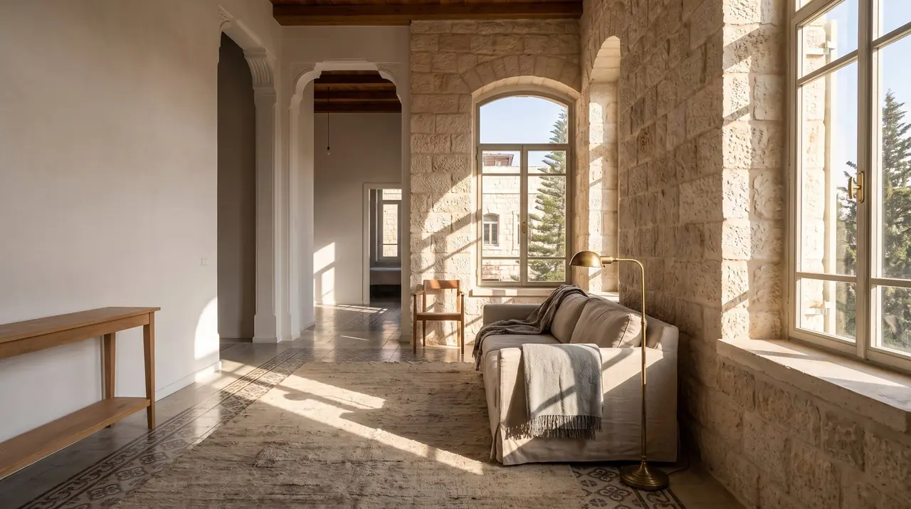 Stone-walled living room in an older flat (illustration)